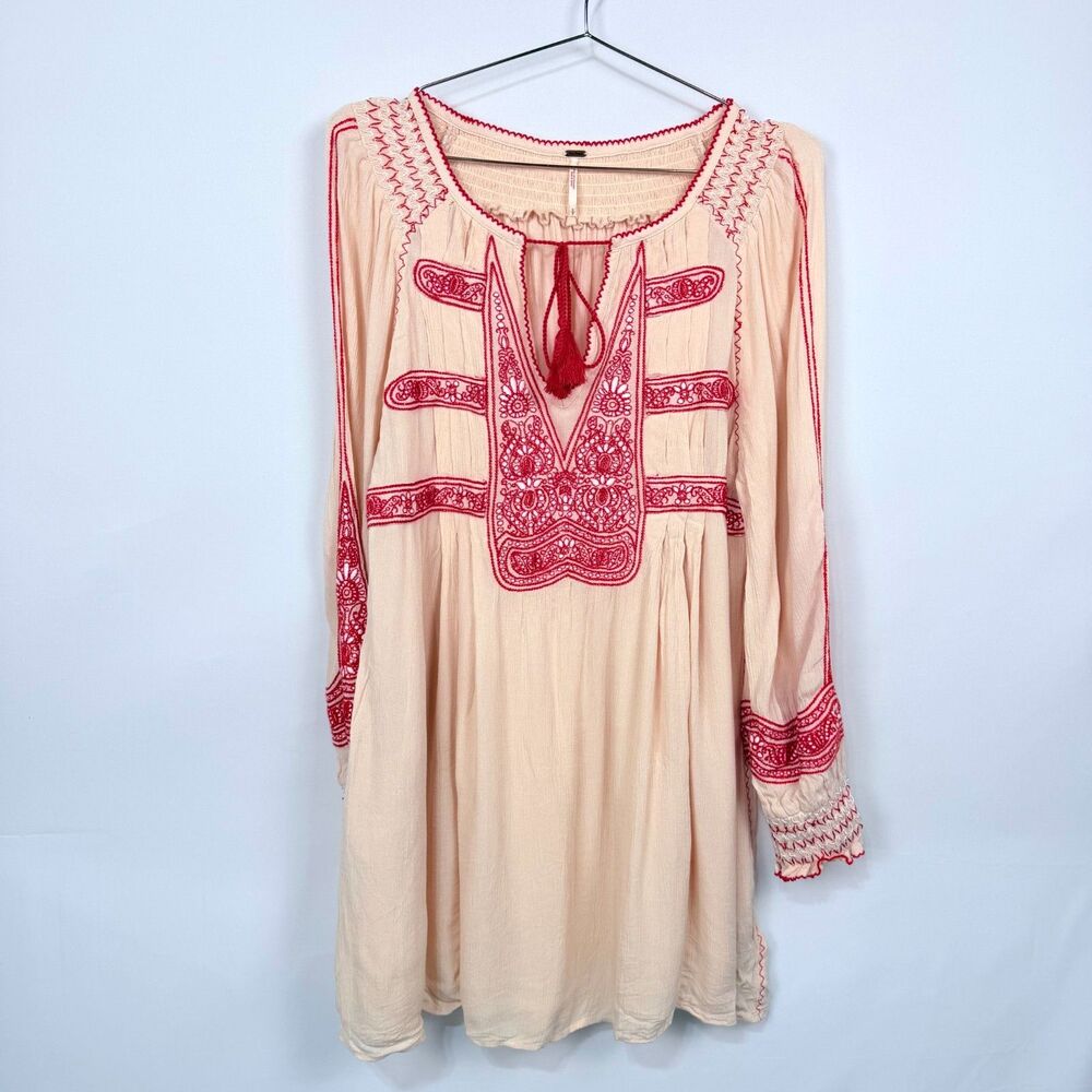Free People Wind Willow Red Cream Embroidered Peasant Boho Dress Womens Size S